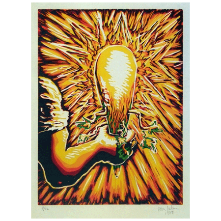 Peter Julian - "Ace of Wands" 1988, (Tarot image); reduction woodcut in six colors; 32 1/4" x 24" (82.5 x 61 cm); Edition of 12. Published by Peter Julian.